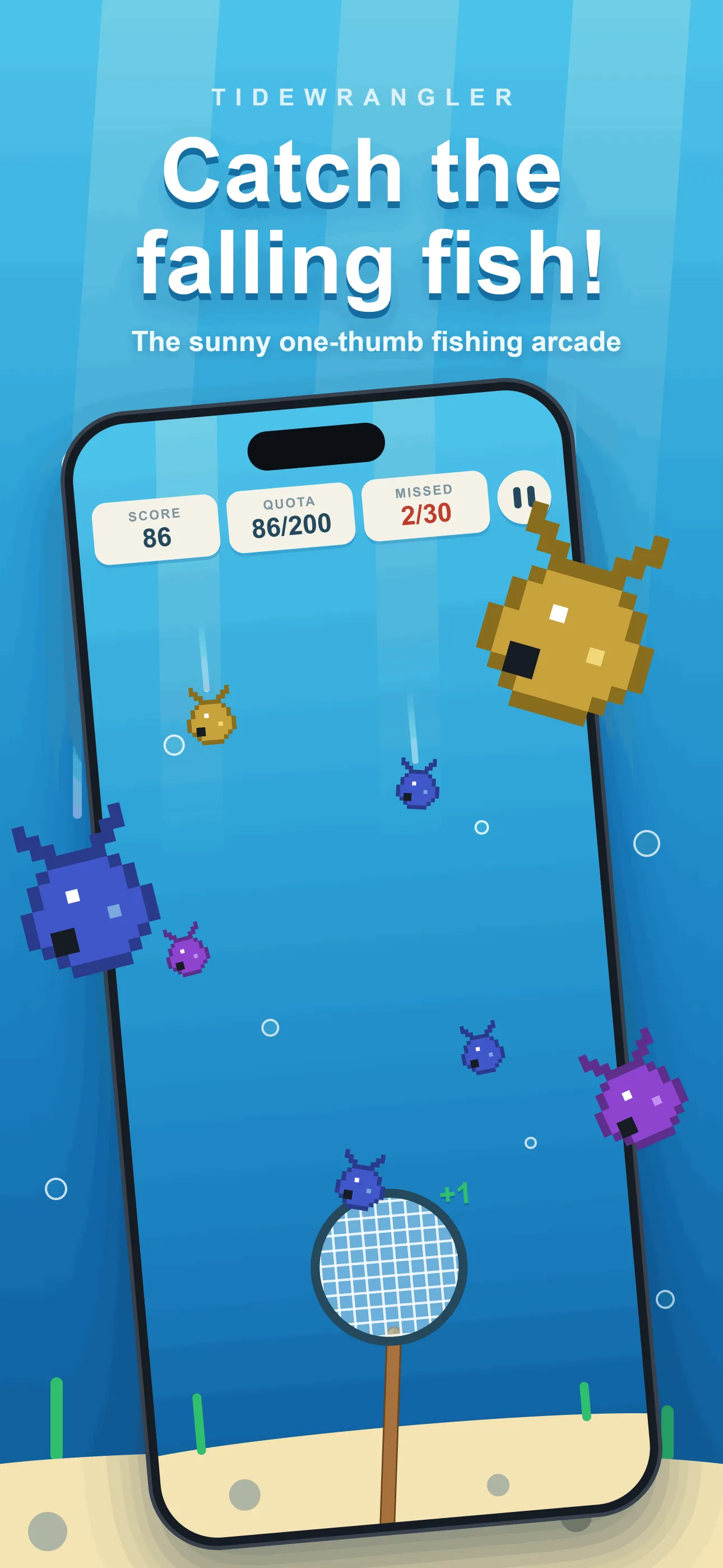 Tidewrangler gameplay: pixel fish falling toward a net at the bottom of the pond, with score, quota and missed counters along the top.