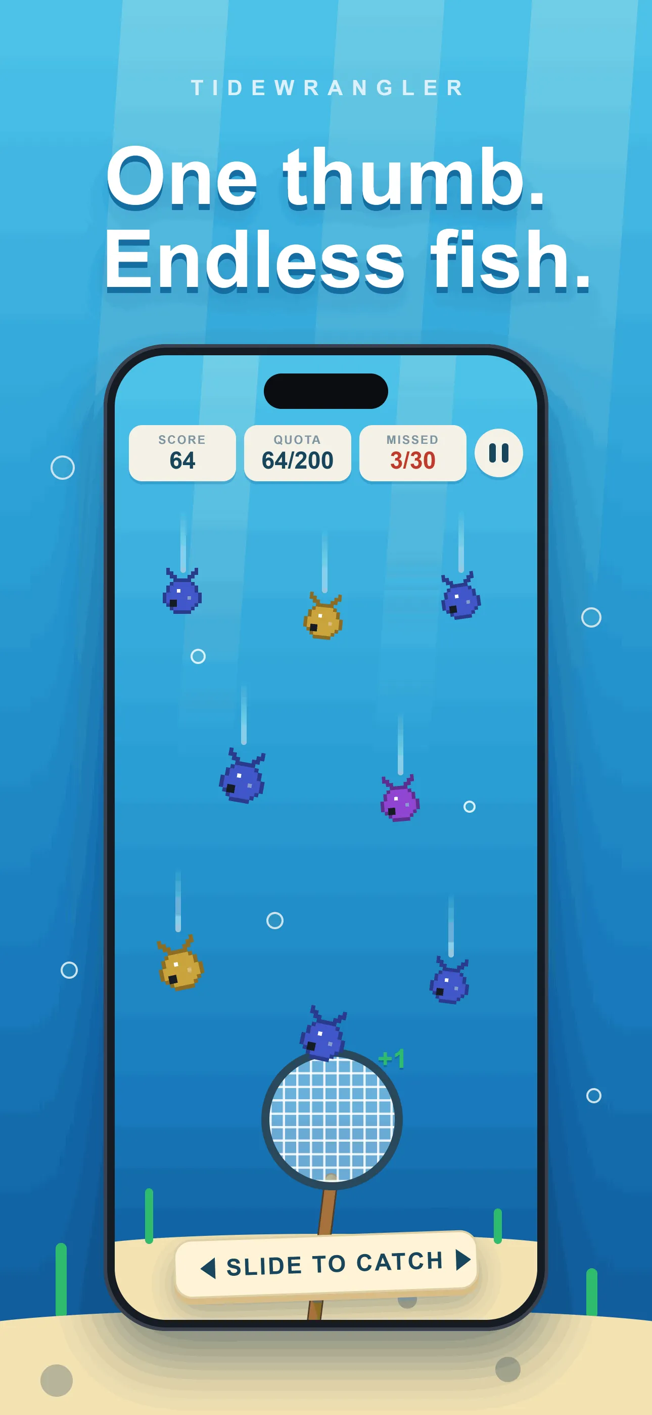 Tidewrangler gameplay: a net catching falling fish one-handed, with a “Slide to catch” prompt at the bottom.