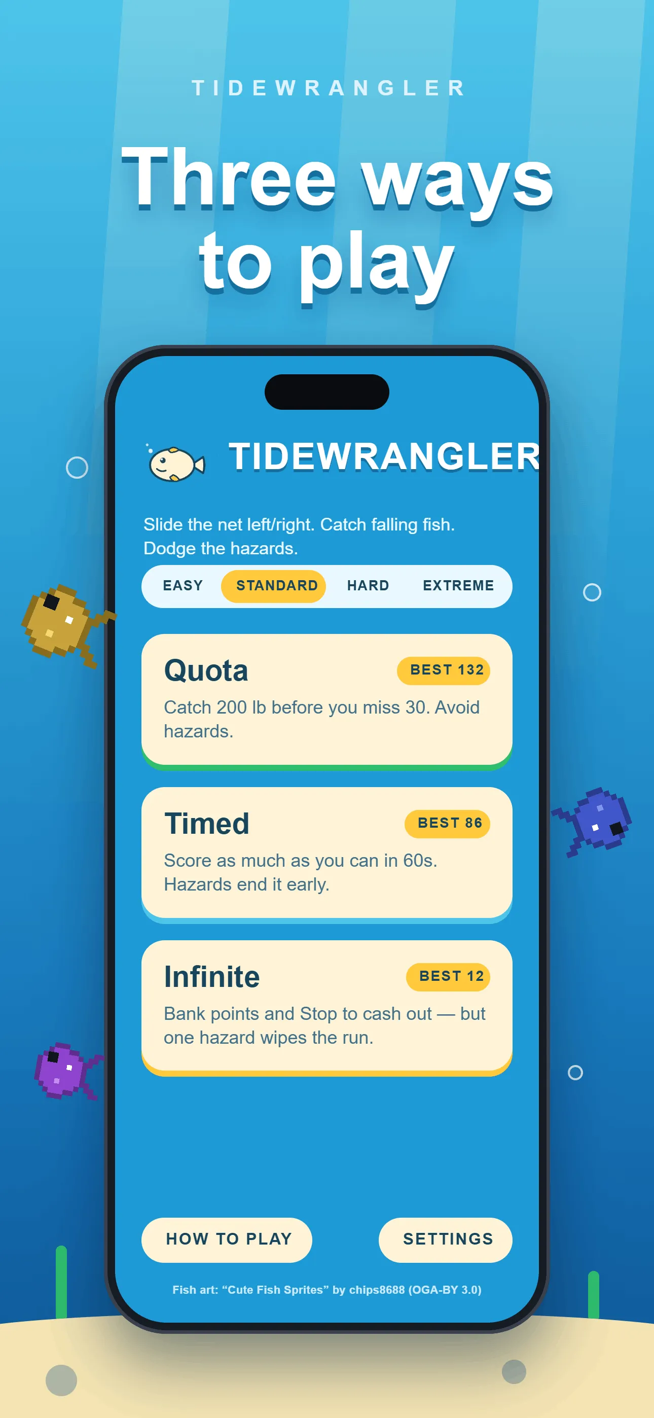 Tidewrangler-Menü mit drei Spielmodi — Quota, Timed und Infinite — jeweils mit bestem Ergebnis.