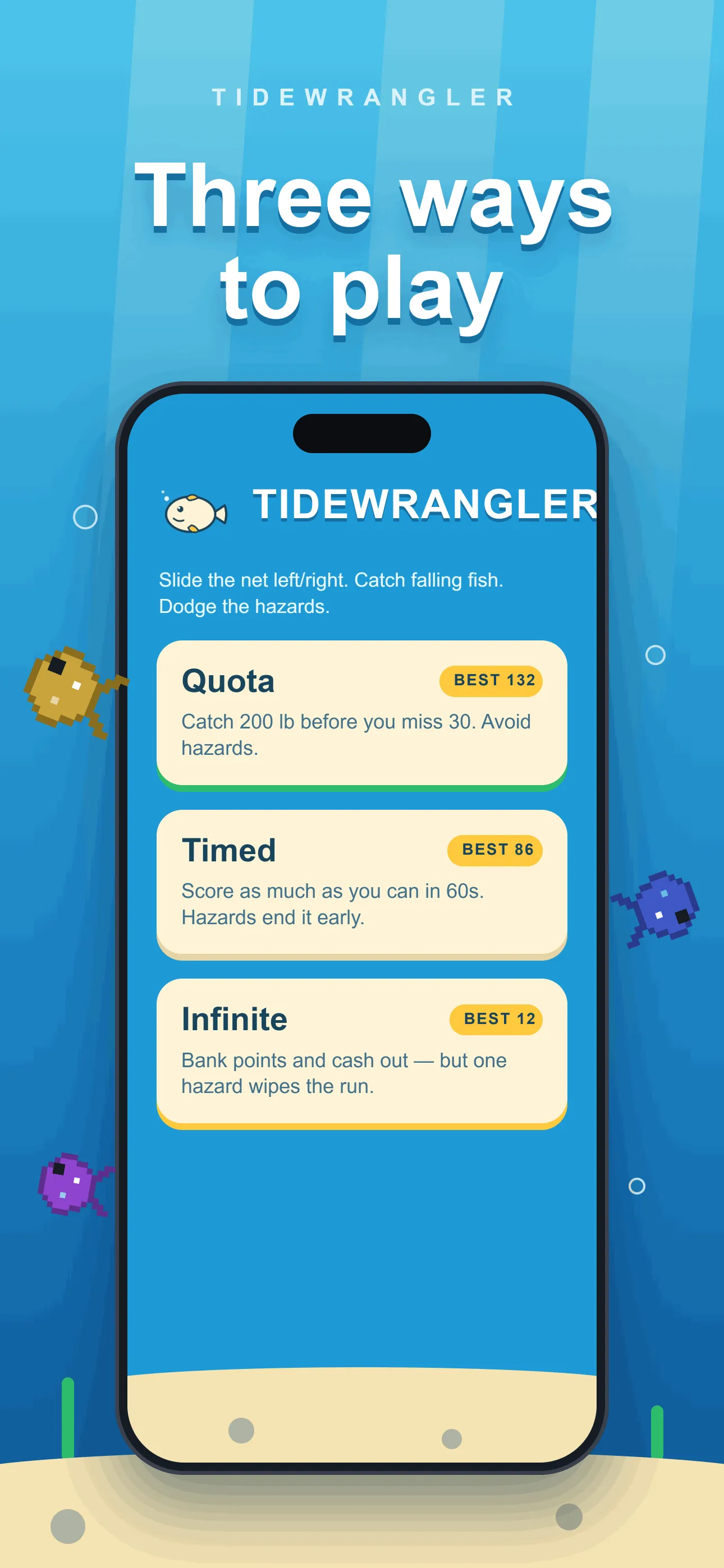 Tidewrangler menu showing three game modes — Quota, Timed and Infinite — each with a best score.
